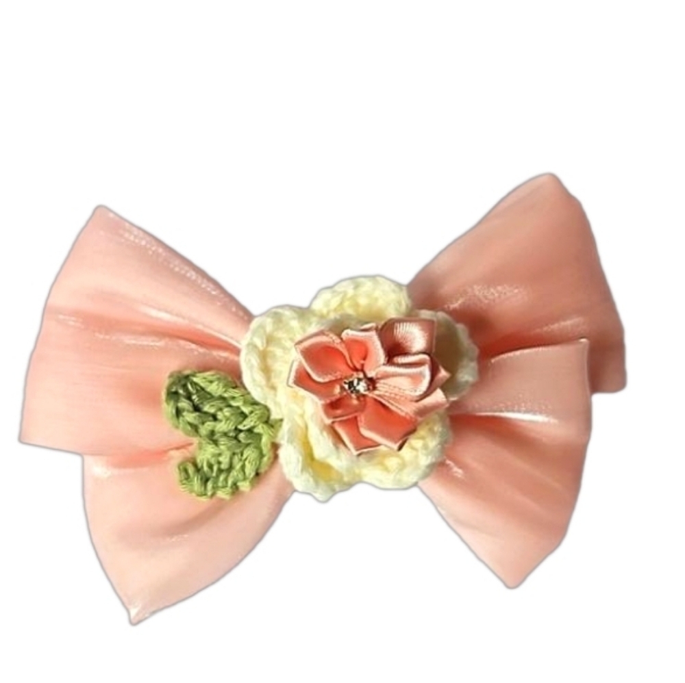 Hand Crafted Bow Hair Clip Pink Hand knit Crochet White Rose ribbon flower Clip